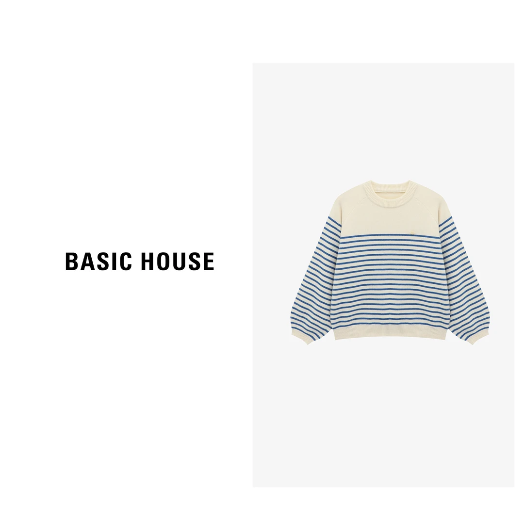 Basic House/百家好拼色条纹女装宽松短款女生毛衣-B0625B5KLH2