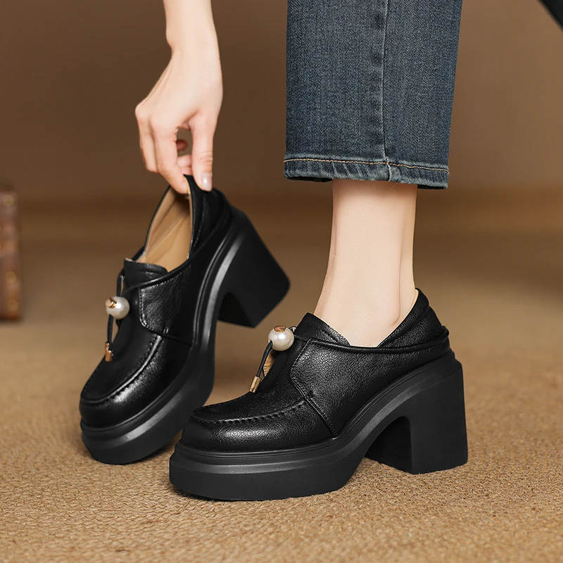 10cm超高跟厚底小个子增高圆头休闲小皮鞋女英伦风轻便真皮单鞋