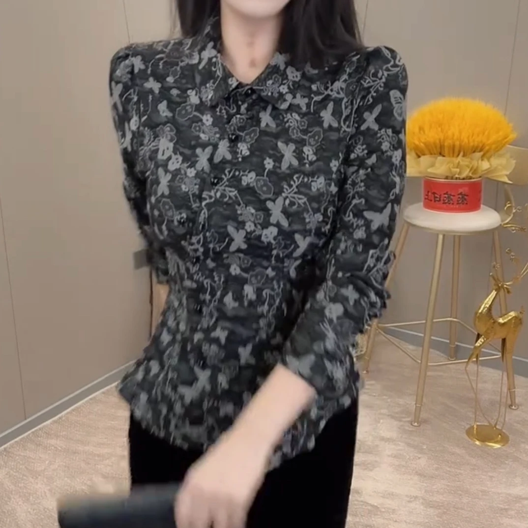 秋季通勤风显瘦印花碎花斜襟多扣长袖修身衬衫