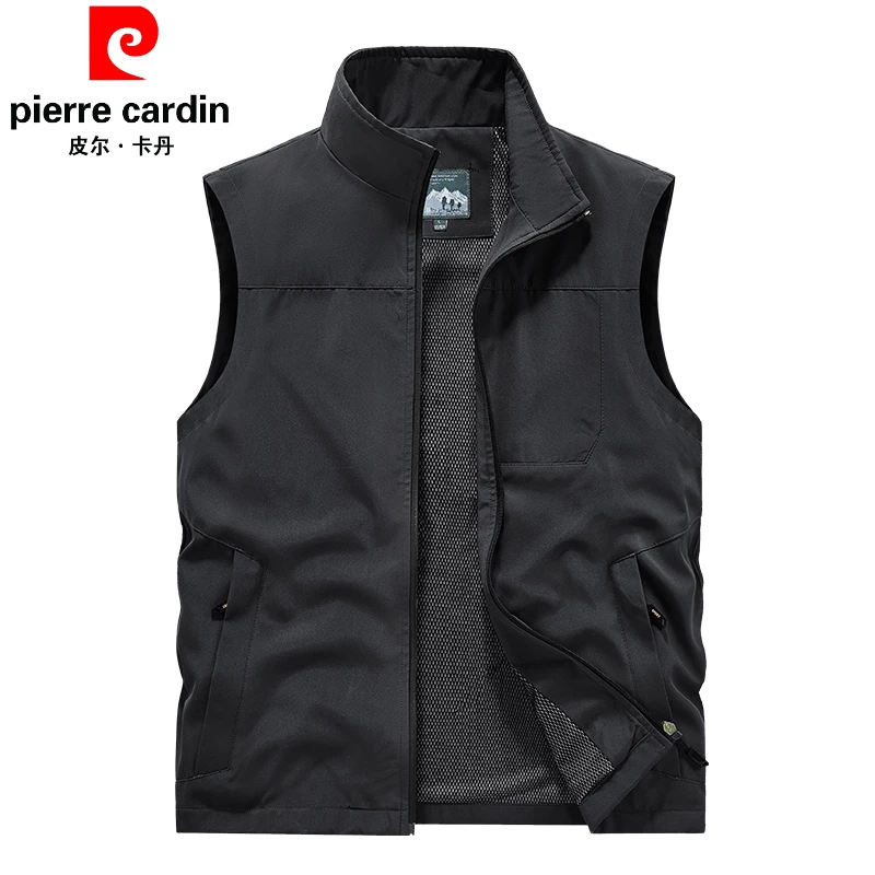 皮尔卡丹春秋季新款男士背心纯色立领多口袋多功能户外休闲马甲