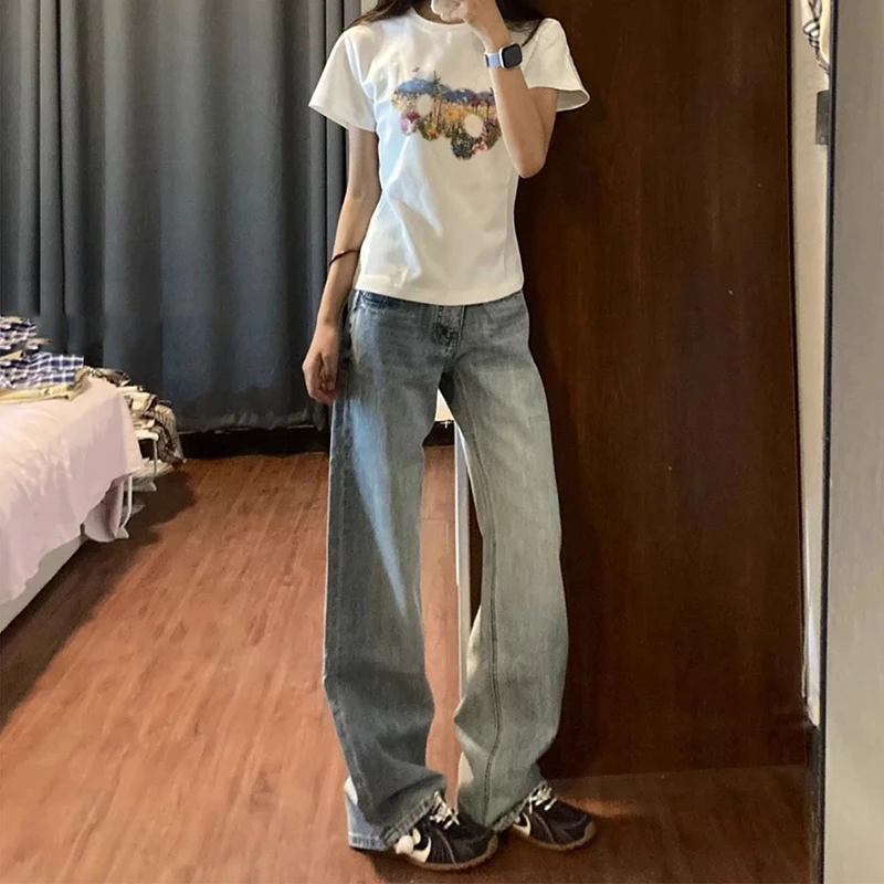 拉夏贝尔美式阔腿牛仔裤女秋装新款小个子裤子高腰显瘦窄版直筒裤