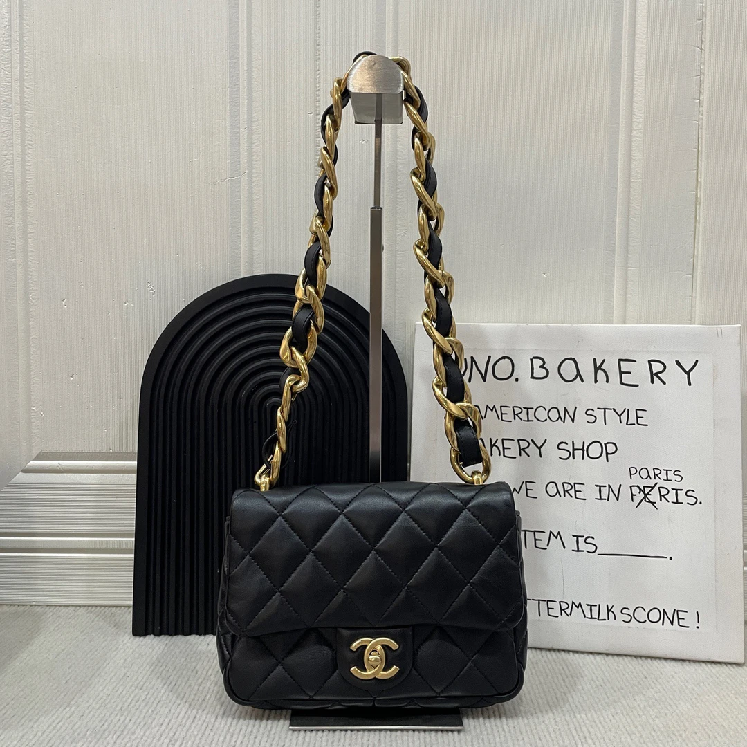 95新 Chanel/香奈儿 22s黑金方胖子粗链条单肩腋下包