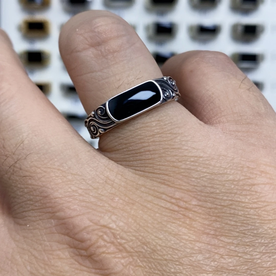 翡翠银S925镶嵌戒指墨翠戒指