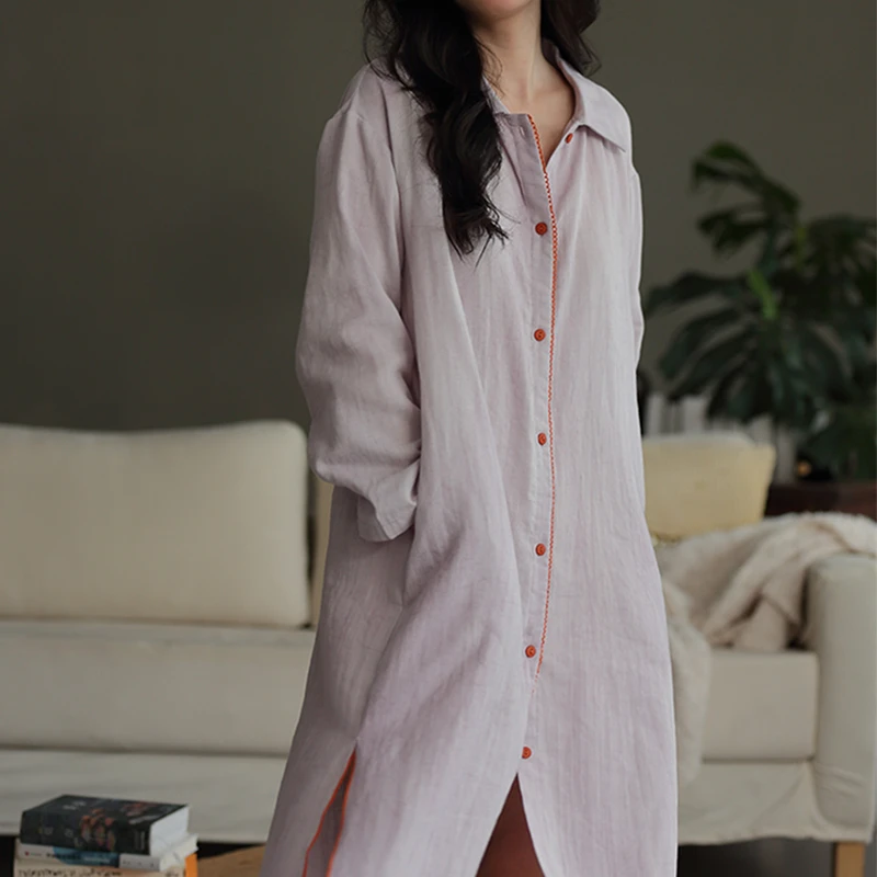 秋新款单排扣双层纱衬衫裙子居家宽松长款长睡裙睡衣文艺范26327