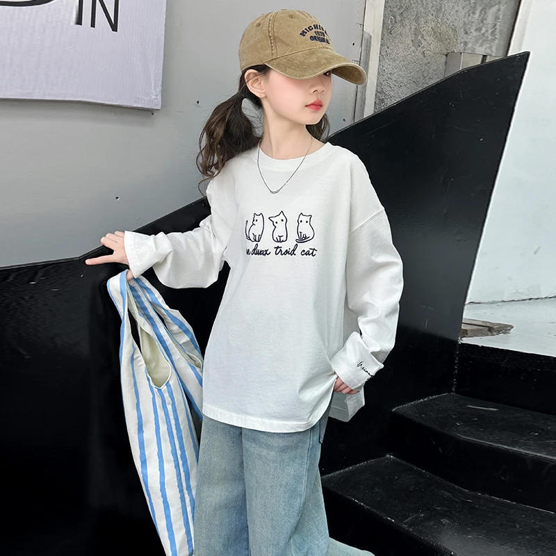 女童t恤长袖春季2025新款大童春秋款白色圆领上衣儿童春装打底衫