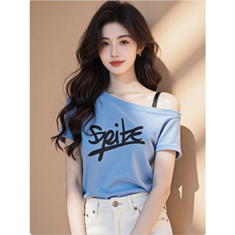 蓝色甜辣妹斜领吊带短袖T恤女夏季2025新款设计感宽松超好看上衣
