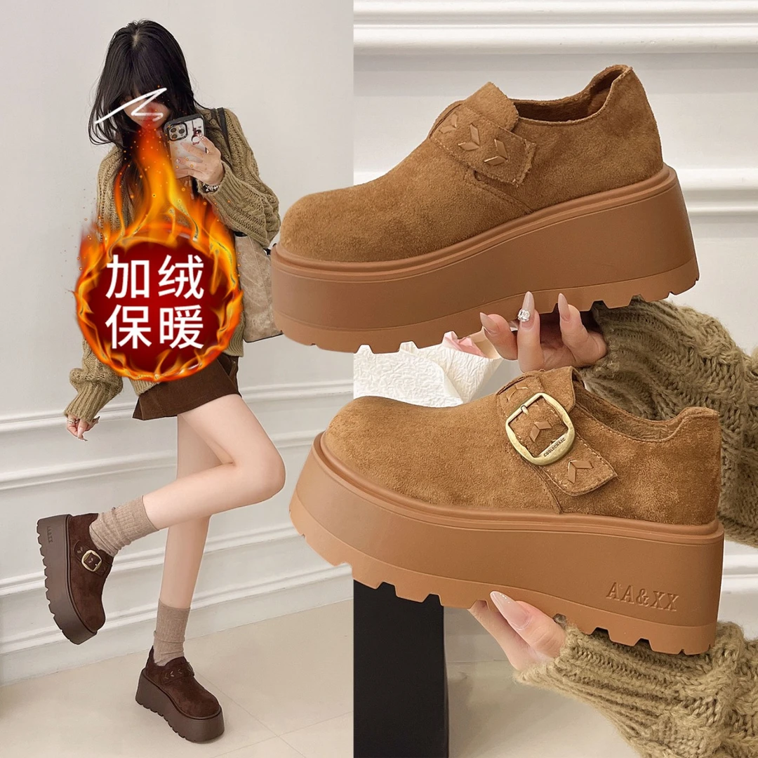 7cm小个子轻便加绒厚底勃肯鞋女2025年新款秋冬百搭增高乐福棉鞋