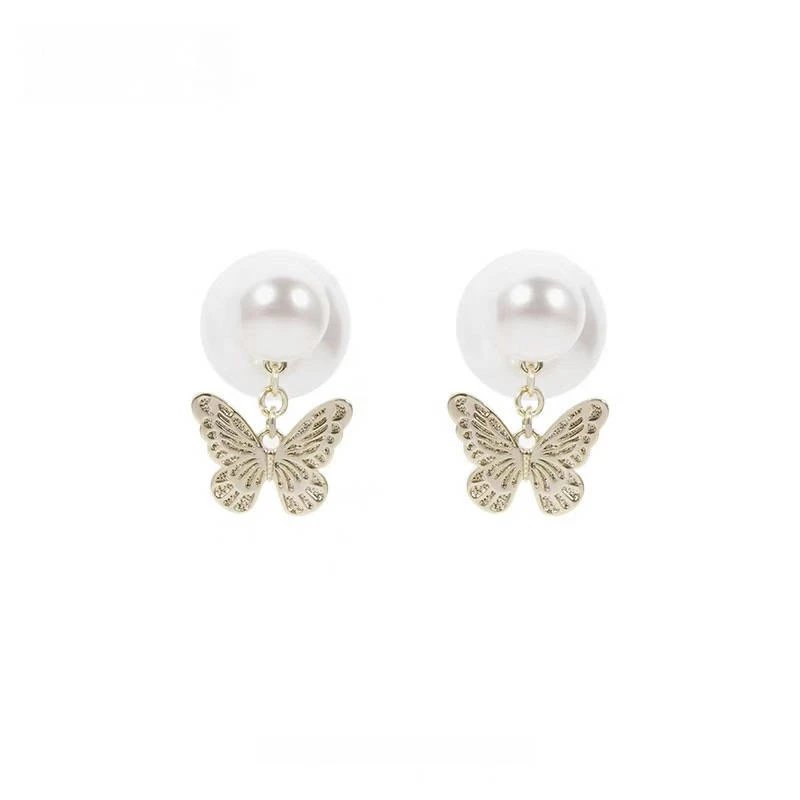 铜合金耳饰 D2088 灵动两戴珍珠蝴蝶耳钉仙气温柔精致耳环