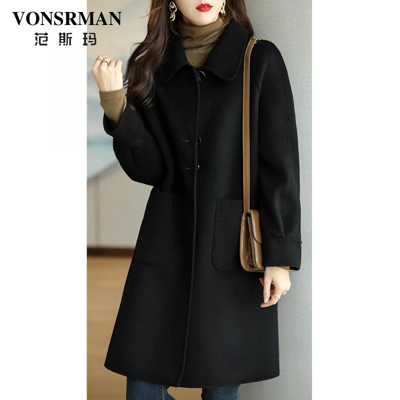 高端长款手工双面绒大衣女中长时尚新款秋冬气质黑色呢子外套显瘦