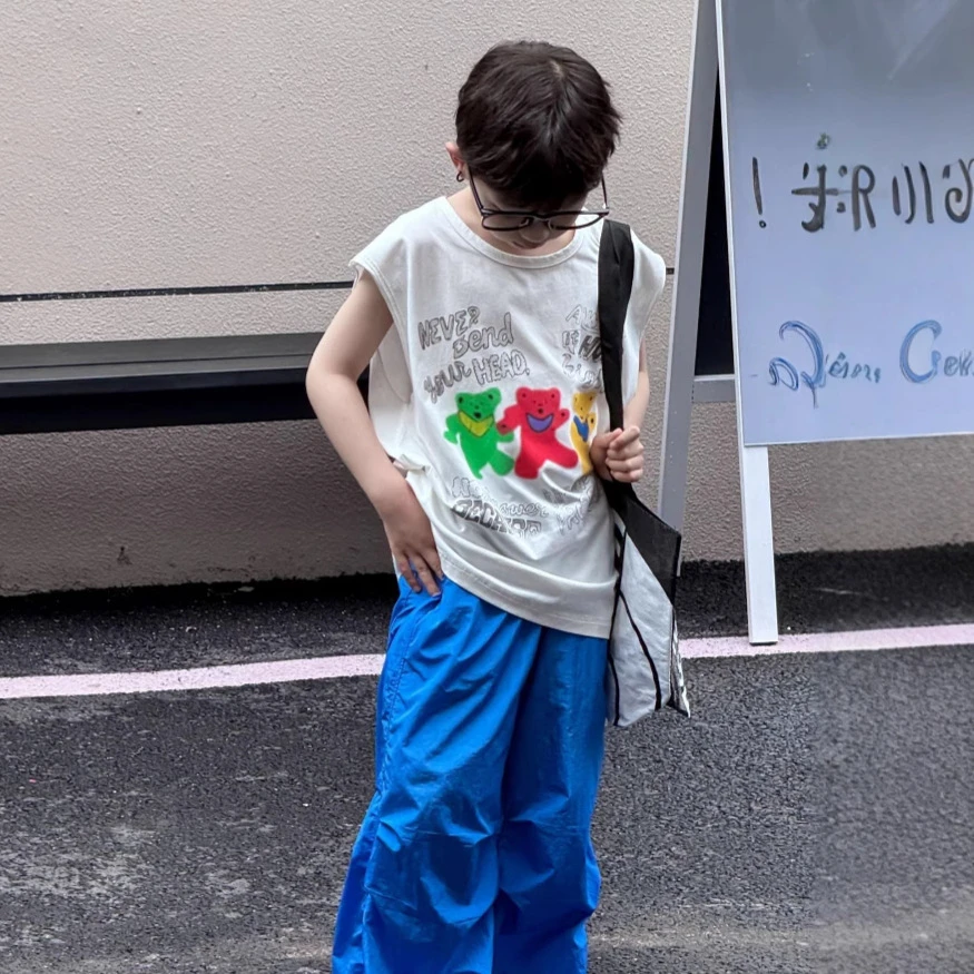 25夏韩国童装中小童男童小熊卡通印花毛边水洗棉无袖背心上衣