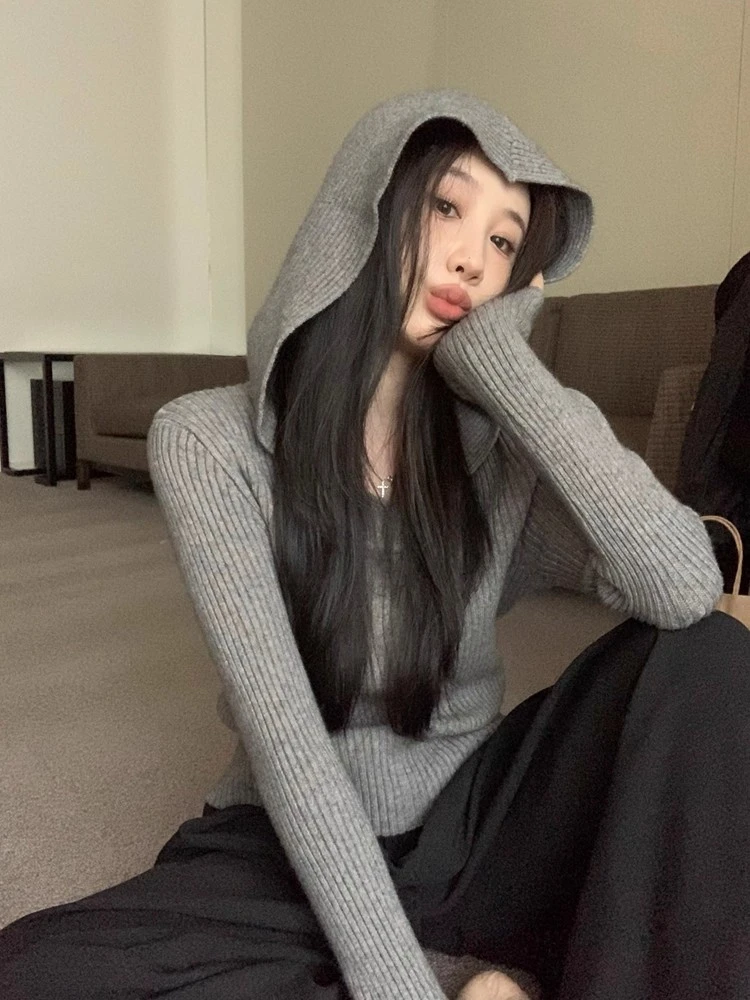 灰色连帽长袖针织打底衫2025新款女秋冬内搭修身显瘦短款套头毛衣