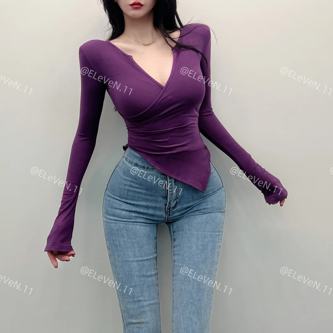 入春新款!经典舒适交叉甜辣显身材性感显瘦V领上衣内搭长袖T恤女