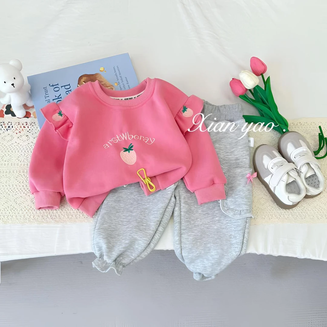 女宝宝套装2025新款小飞袖套装刺绣草莓卫衣裤子装ZS-J-C112