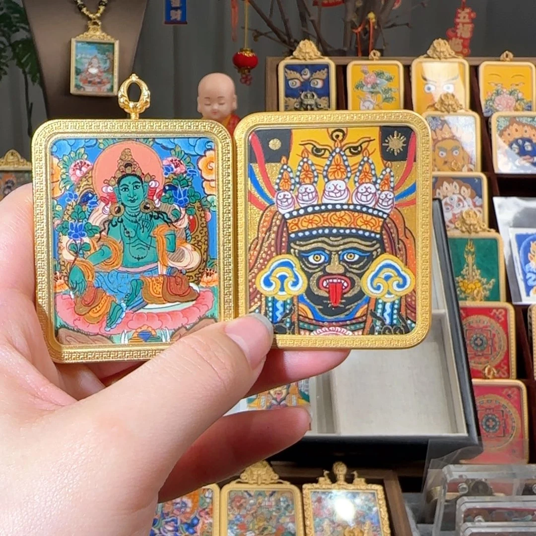 吊坠十****）纯手绘绿度母纯手绘扎基拉姆双面搭配