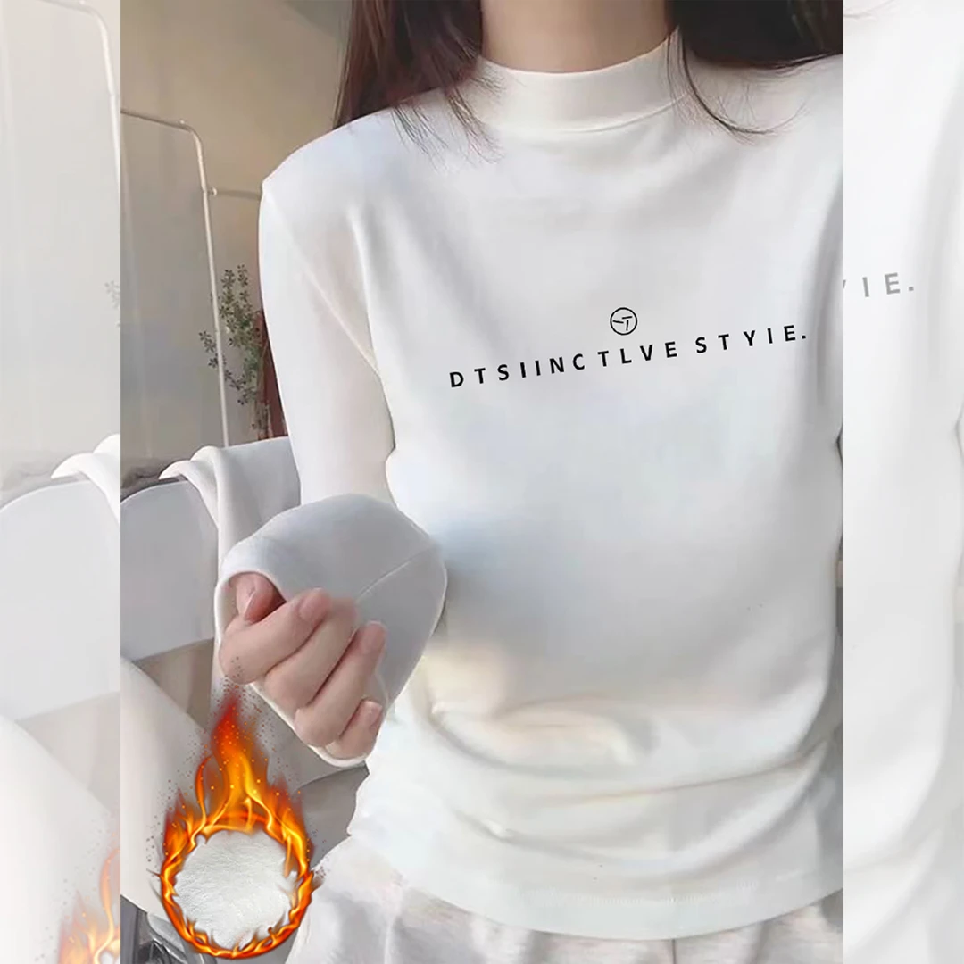 婳娇白色半高领长袖德绒加厚T恤女修身字母减龄欧货秋冬保暖上衣