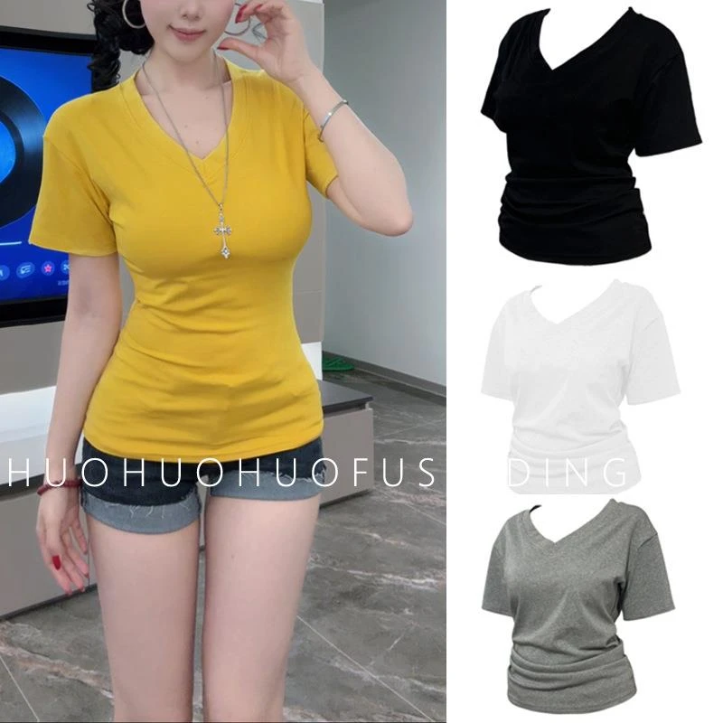 夏季多色正肩v领短袖T恤女时尚百搭设计感显瘦掐腰韩版上衣