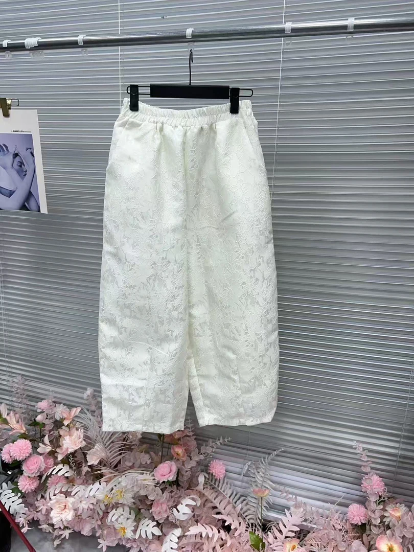 754（安言服饰）八分裤松紧夏季提花休闲裤短裤阔腿裤白色长裤国风