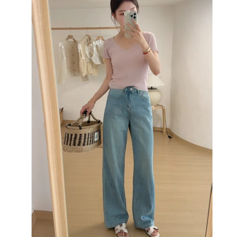 直筒高腰复古百搭时尚牛仔裤外穿女窄版阔腿裤蓝色宽松阔腿裤夏季