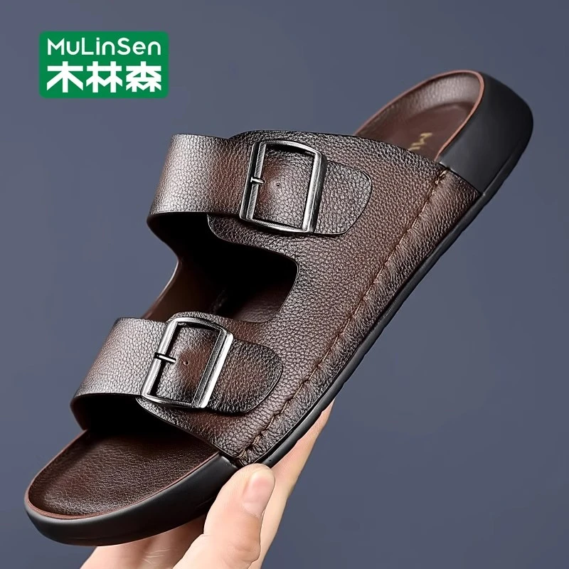 木林森拖鞋男士秋季户外耐磨沙滩防滑头层牛皮高级感时尚勃肯凉拖