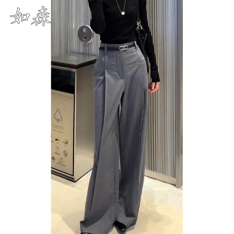 灰色直筒休闲西装裤女早秋新款宽松显瘦气质阔腿长裤垂感拖地裤子