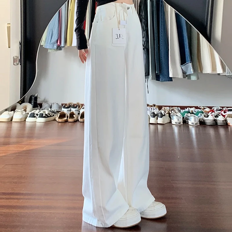 雪千羽白色阔腿牛仔裤女加绒2025秋季新款高腰宽松垂感直筒拖地裤