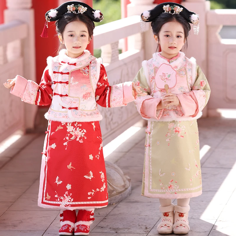 汉服女童加绒格格拜年服姐妹中国风唐装宝宝喜庆元旦春节演表出服