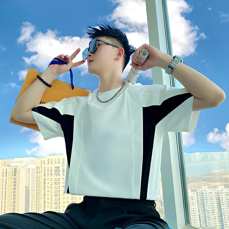 短袖t恤男士夏季2025新款撞色拼接圆领半袖男装衣服夏天潮牌体恤
