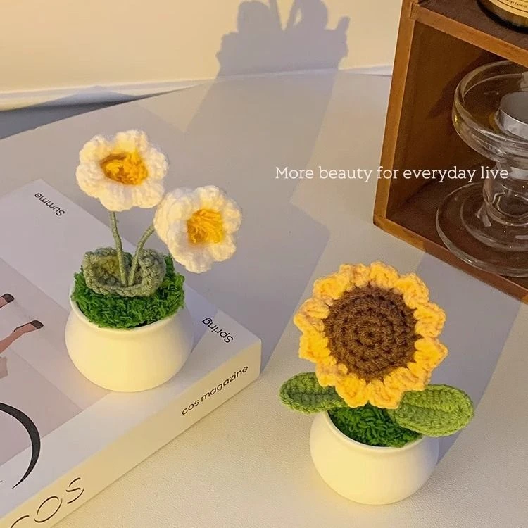 向日葵铃兰花盆栽手工编织假花仿真毛线花摆设成品摆件创意礼物