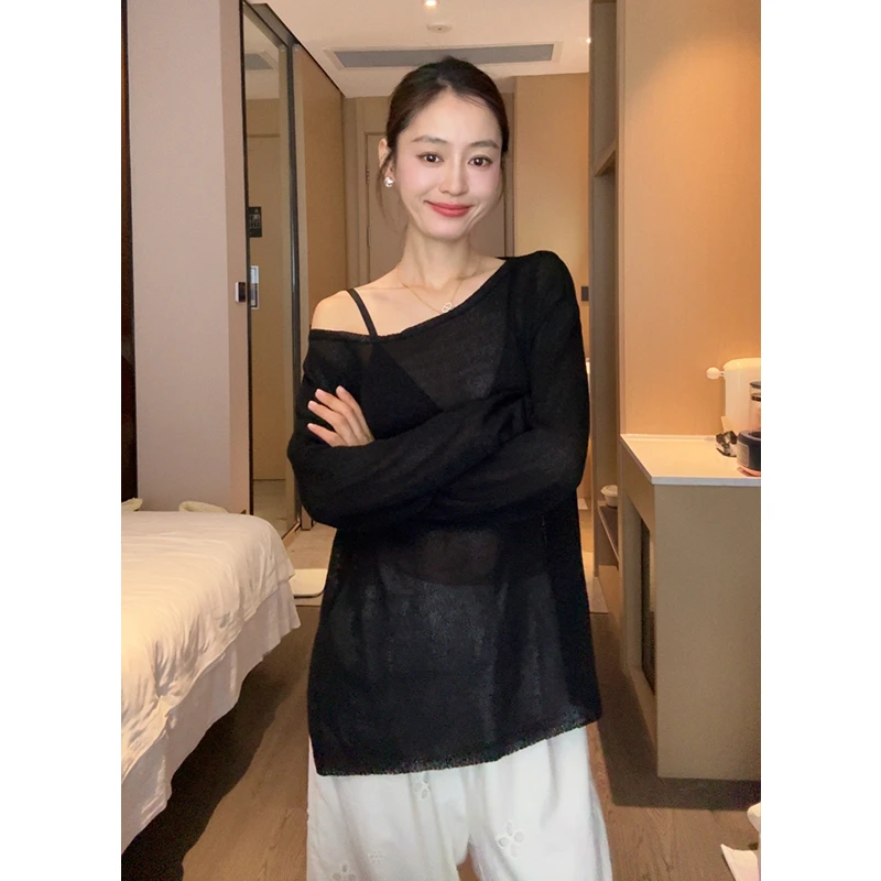 【Q】2025春夏新款时尚百搭微一字领长袖针织罩衫上衣QM1100