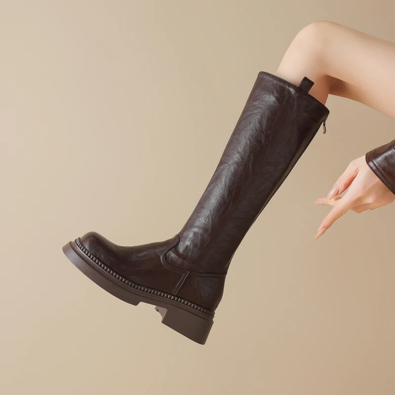 大筒围厚底长筒靴女靴加肥版大码40-41-43胖mm粗腿高筒棕色骑士靴