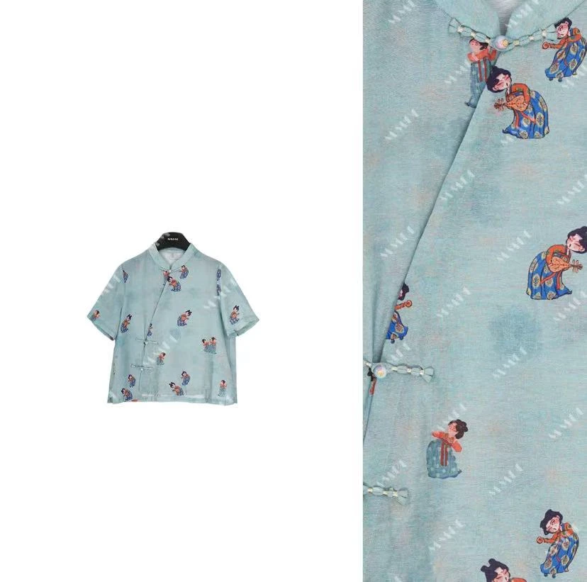 新中式斜襟小糖人提花宽松上衣301