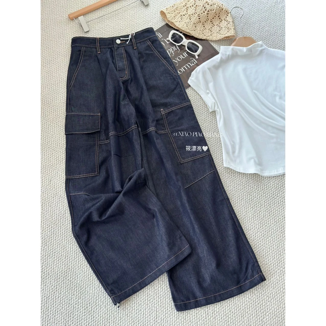 美式阔腿工装牛仔裤夏季新款复古慵懒风设计感休闲阔腿裤P077#0.1