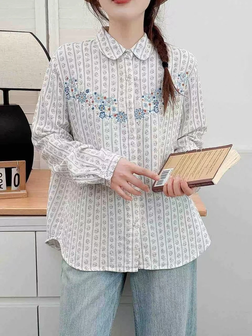 秋季新款女装日韩宽松刺绣印花纯棉长袖衬衫棉纱上衣百搭双层纱