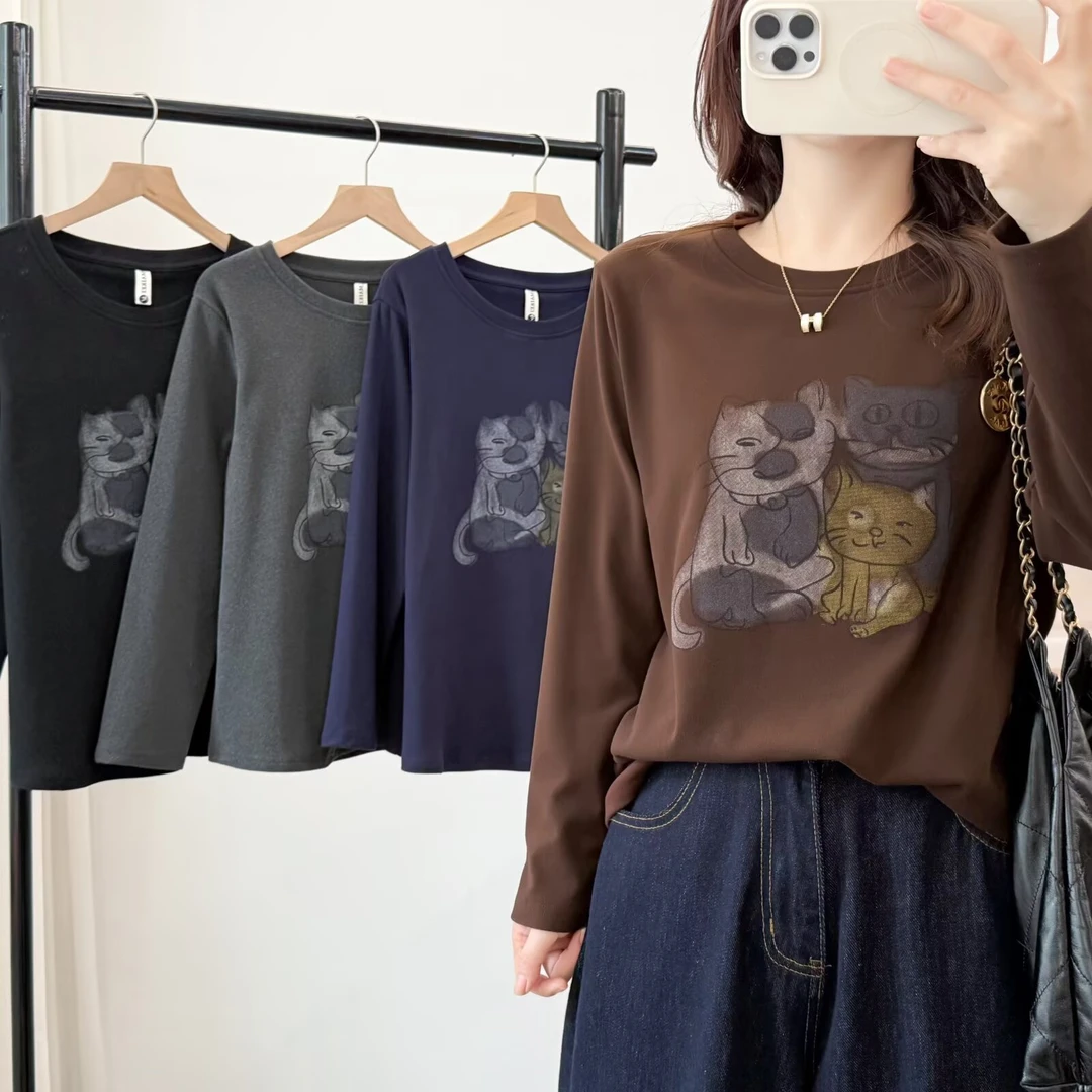 大码女装 显瘦时尚长袖透气圆领常规款秋季T恤印花百搭宽松