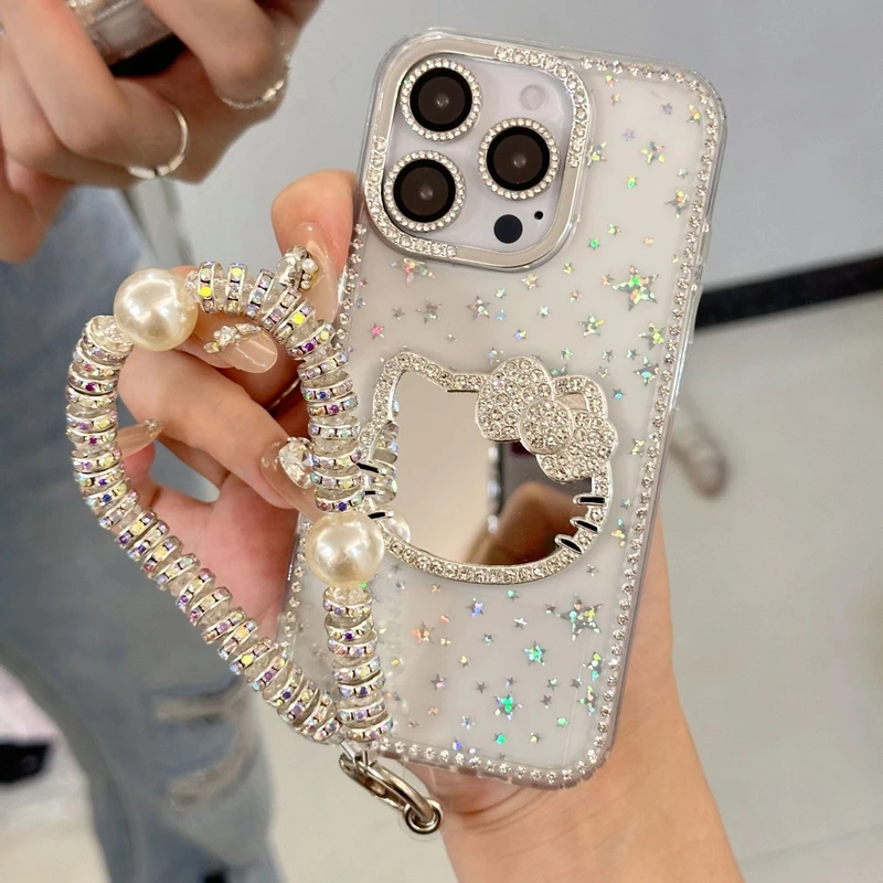 闪钻镜子凯蒂电镀链条适用苹果16promax手机壳iPhone15闪钻边框14