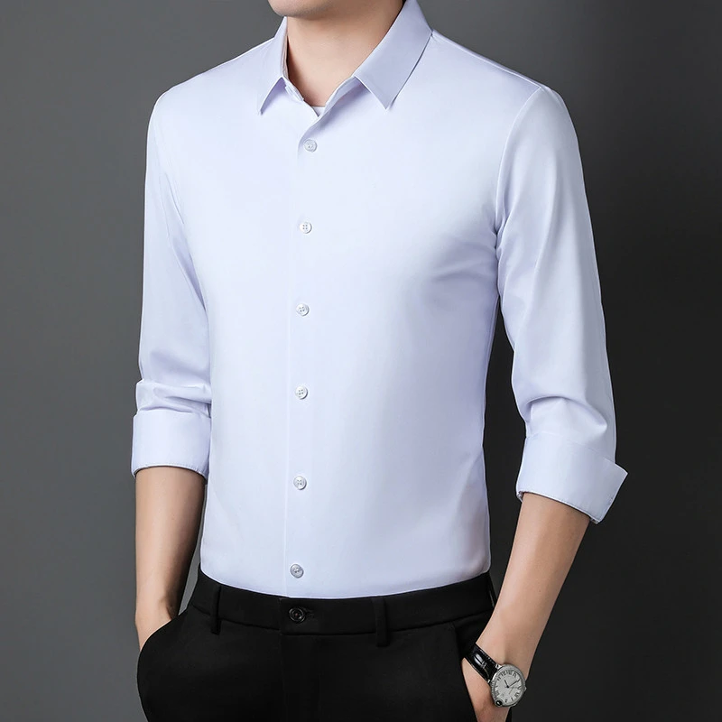 春秋季长袖衬衫商务休闲中年爸爸装免烫时尚德比精品翻无痕领衬衣