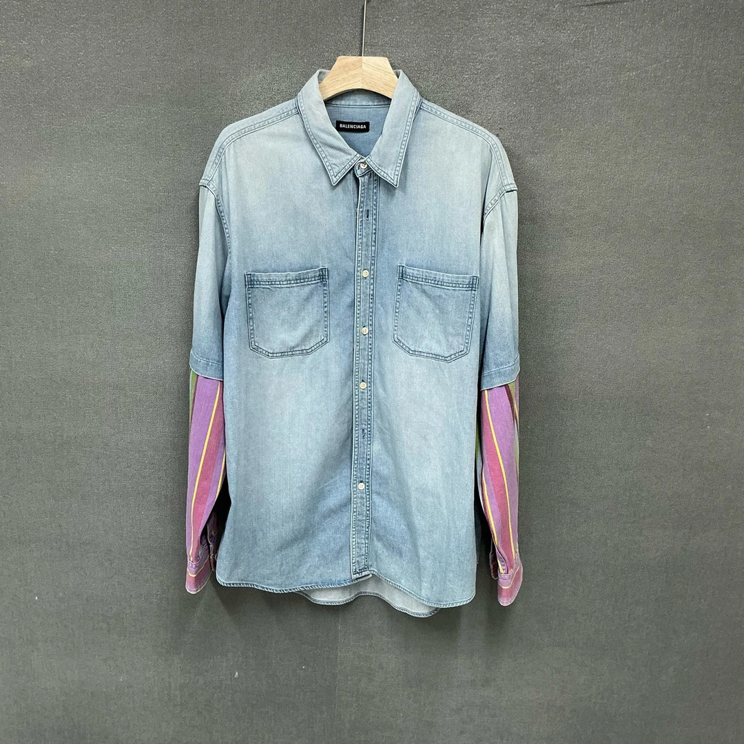 95新 Balenciaga/巴黎世家 彩色条纹拼接假两件牛仔衬衫39码
