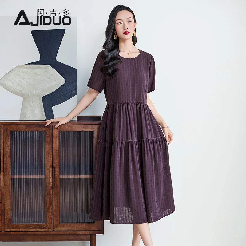 阿吉多短袖紫色连衣裙女夏季提花高级气质妈妈聚会端庄裙子A32099