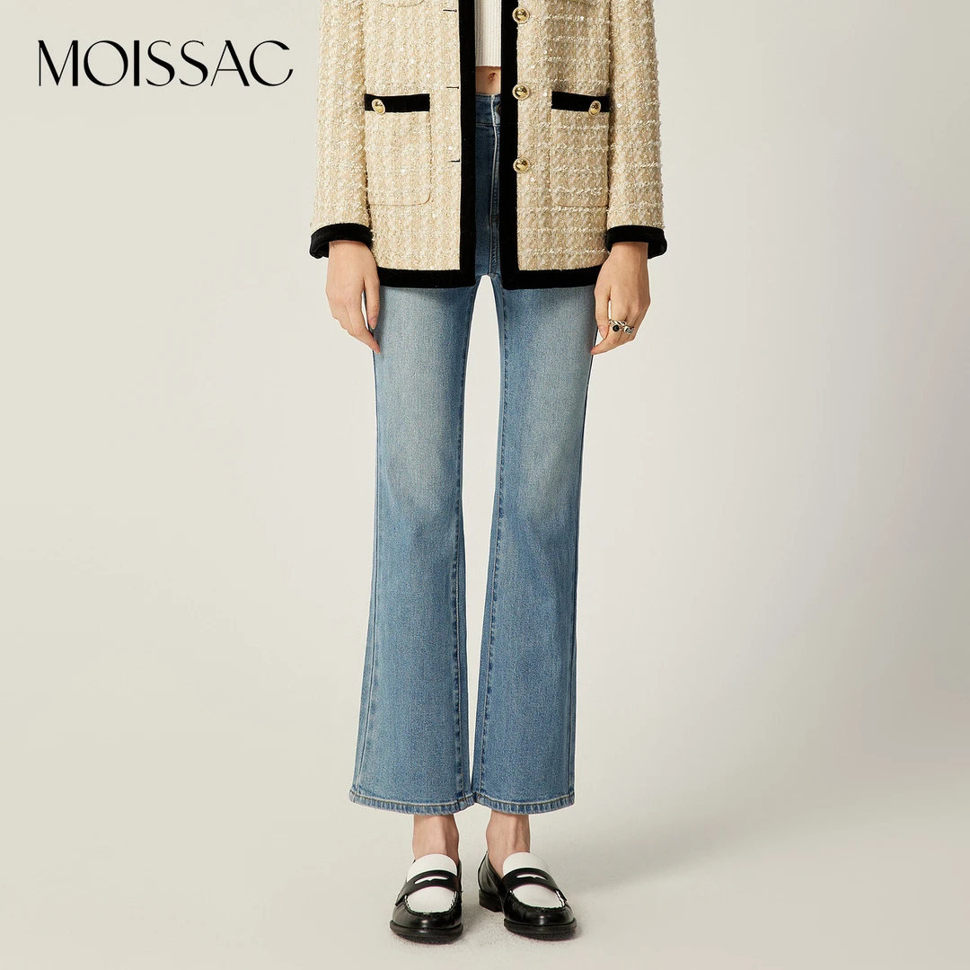 MOISSAC摩萨克商场同款贴袋装饰水洗牛仔阔腿微喇长裤MWEC12106