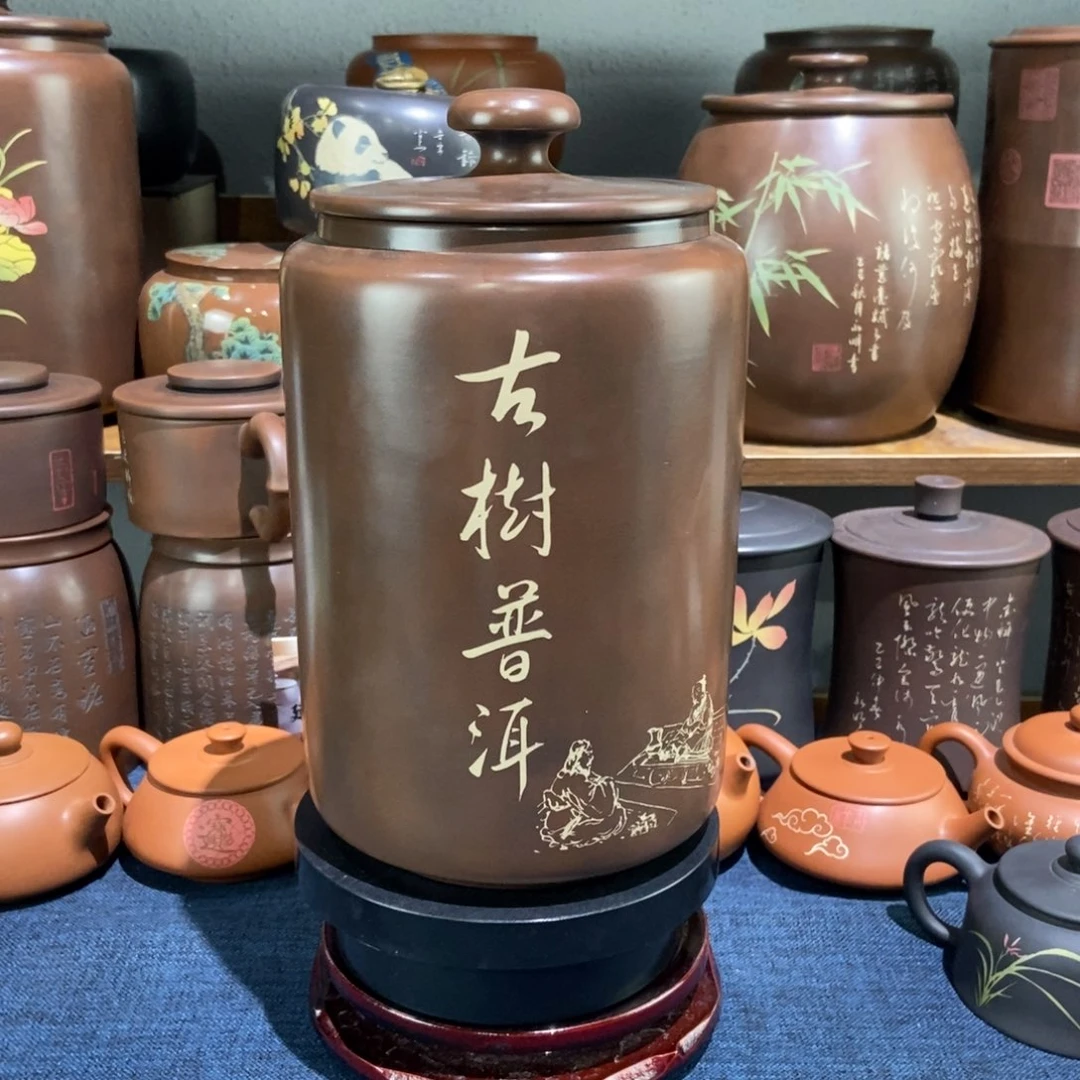 7建水紫陶手工精磨彩填醒茶罐