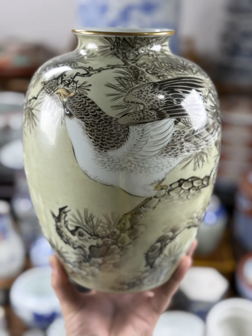 九谷名家锦光 水墨雄鹰纹饰画片花瓶