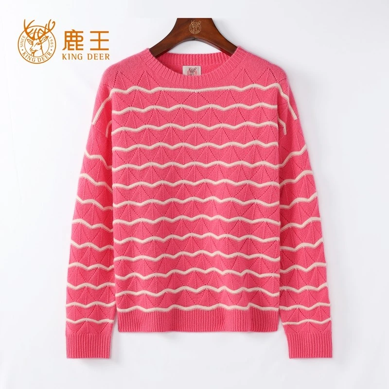 【精品】鹿王24秋冬新款女圆领100山羊绒条纹套衫 厚 912418202