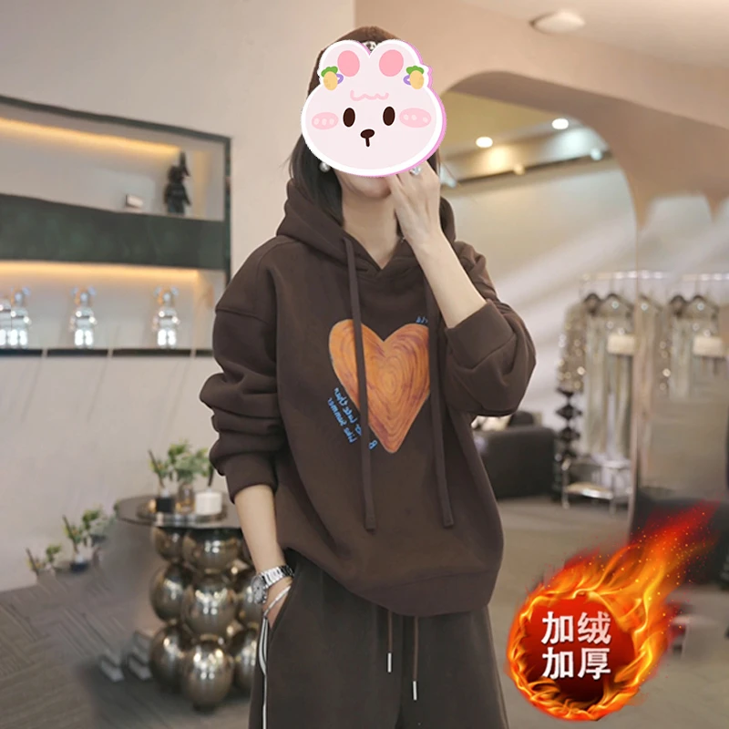 2025冬季新款加绒加厚保暖卫衣女韩系设计感爱心印花百搭时尚上衣