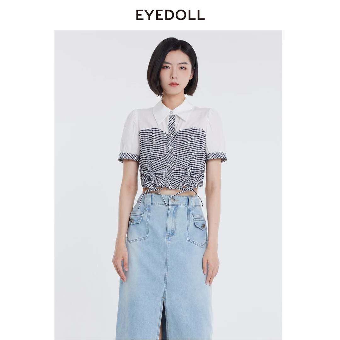 EYEDOLL【商场同款】24夏季新款时尚休闲收腰抽绳拼接衬衫短EPB2001