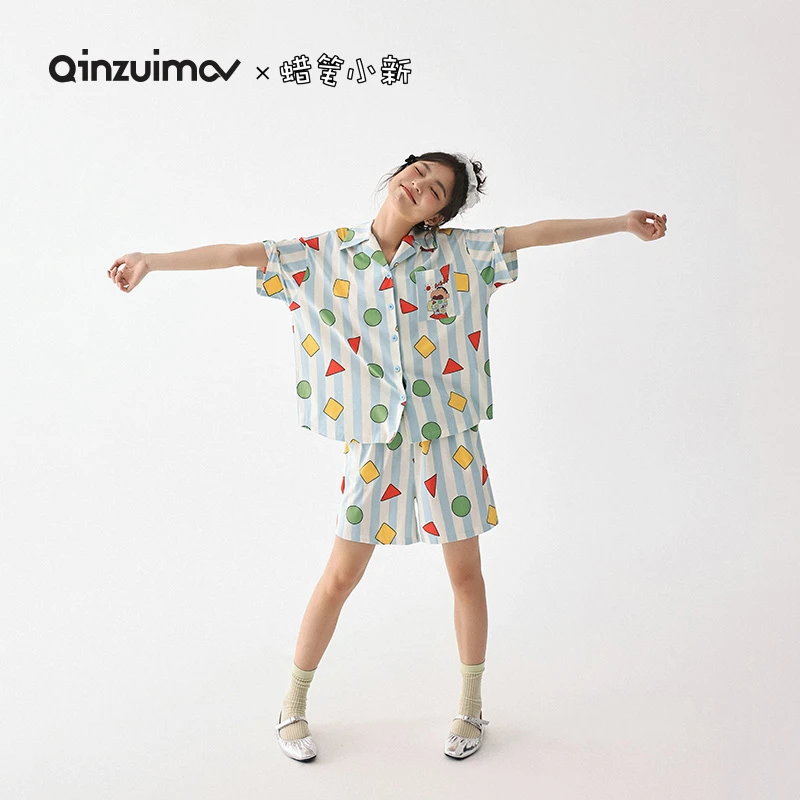 亲嘴猫【蜡笔小新】夏季凉感莫代尔棉短袖睡衣女条纹卡通家居服套装