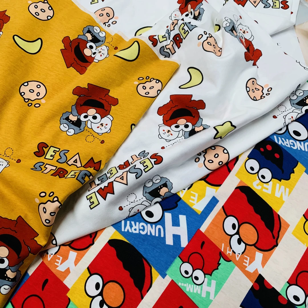 纯棉芝麻街卡通童装汗布宽幅1.7米夏季短袖家居服套装面料不起球