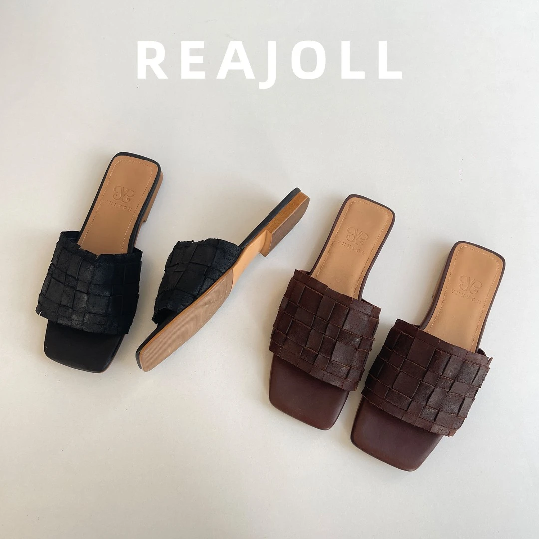 REAJOLL拖鞋女夏外穿2025新款半拖鞋真皮方头网红配裙子超火凉拖