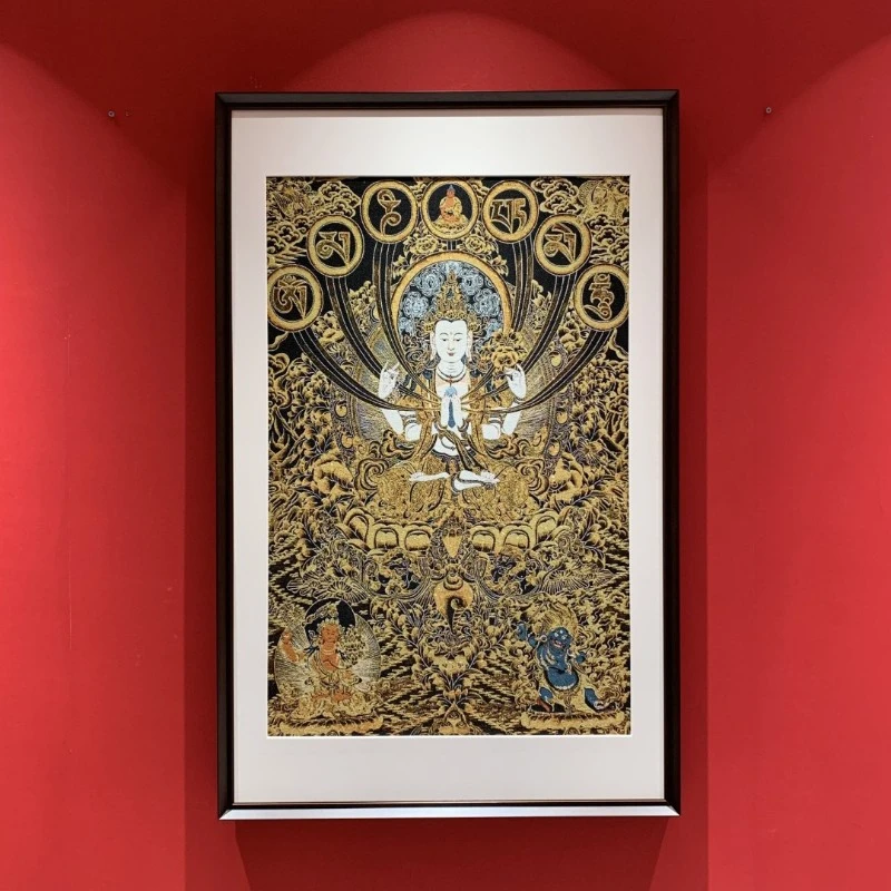 刺绣材质【四臂观音菩萨】挂画实木装裱办公室玄关茶室装饰画