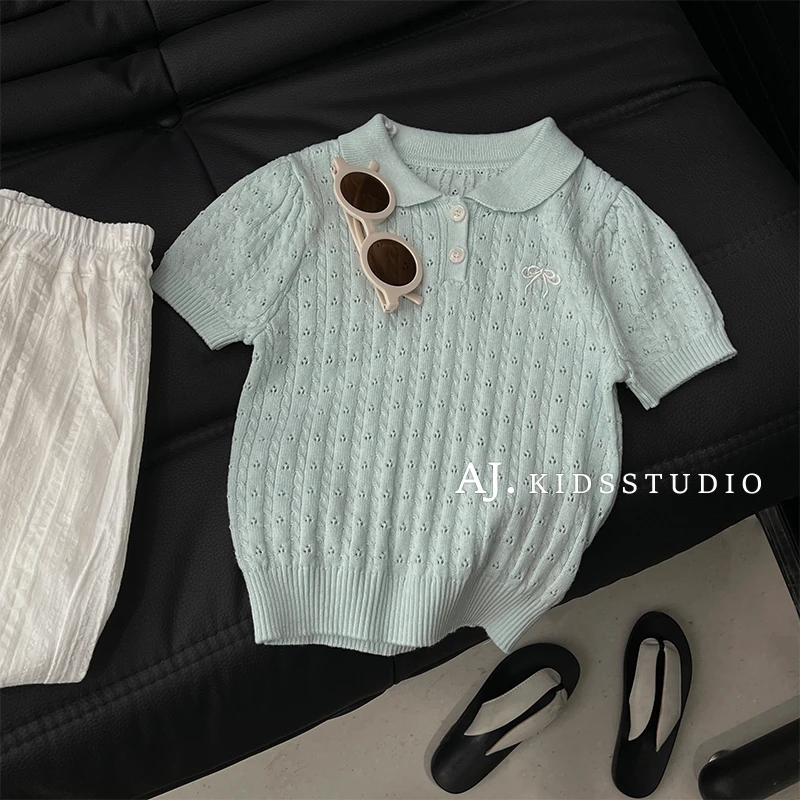 现【夏日冰薄荷】阿卷夏装韩版儿童蝴蝶结翻领短袖针织T恤衫MPG6026