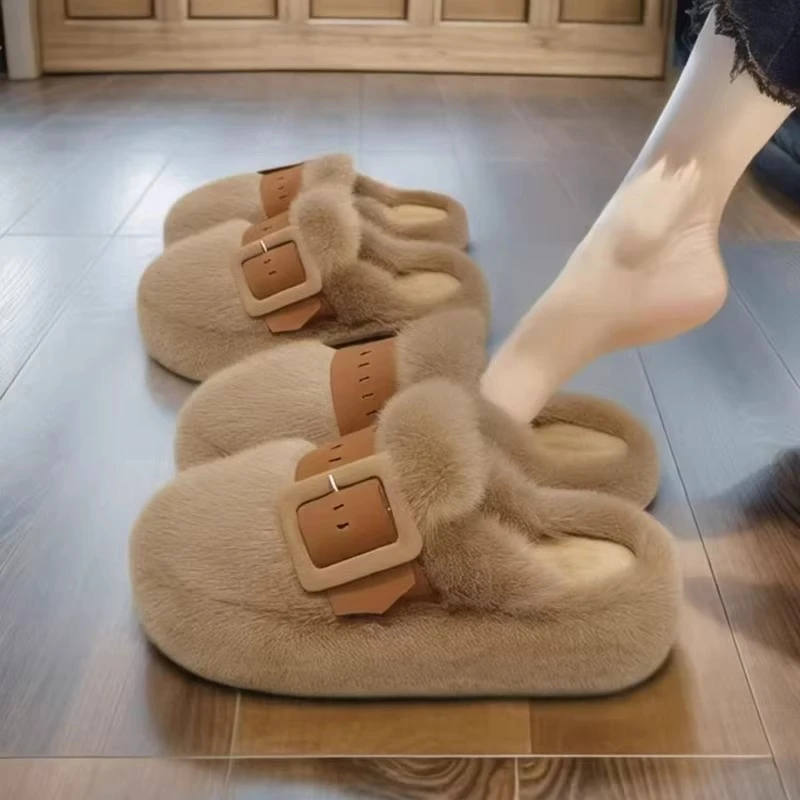 包头半拖鞋女外穿2025秋冬新款网红松糕厚底毛毛拖鞋洋气保暖棉拖